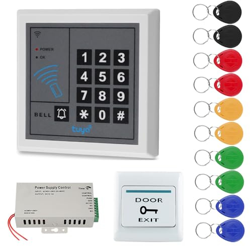 Kit di controllo accessi Tuya: tastiera RFID con alimentatore, pulsante di uscita dalla porta e 10 portachiavi Senza serratura