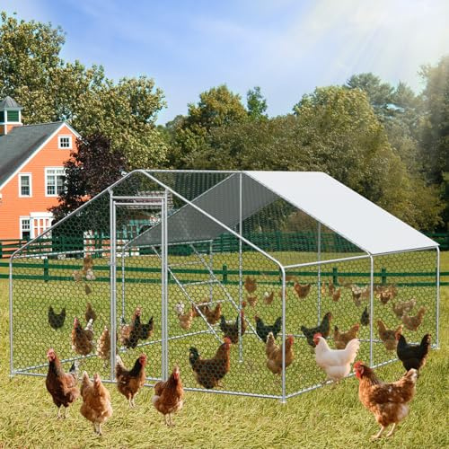 Covigorus Freilaufgehege Hühnerstall 3×4×2 m, Großes Metall-Kleintiergehege mit Sicherheitsschloss & Wasserdichtem PE-Tuch, Outdoor Stall für Hühner, Kaninchen, Enten & Weitere Kleintiere, Silber