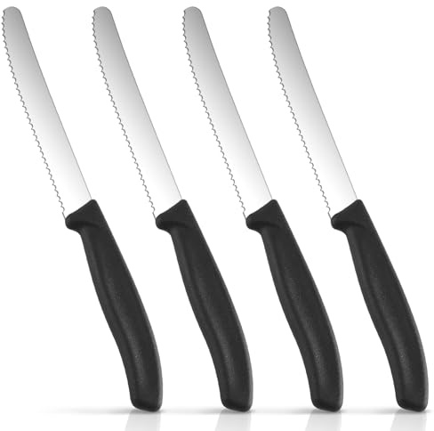 mvorry Frühstücksmesser 4 Stück, Brotmesser mit Wellenschliff aus Edelstahl – Scharfe Tafelmesser mit Kunststoffgriff, Spülmaschinenfest & Langlebig – Ideal für Brot, Tomaten & Frühstück
