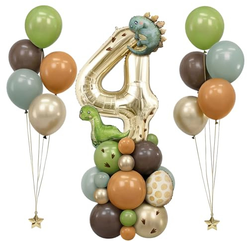 42 st platina dinosaurieballonger, nummer 4, baby Dino-ballonger i folie, dinosaurie födelsedagsfestdekorationer för Dino-babyshowerdekorationer (nummer 4)