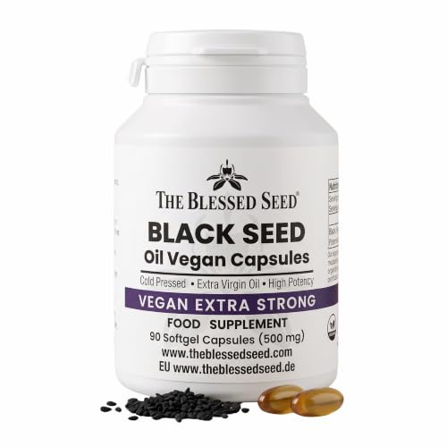 The Blessed Seed Extra Strong Black Seed Oil Capsules 90 x 500mg — Vegan Softgel | Cold Pressed Nigella Sativa Oil — High Potency Vegan Softgel Capsules