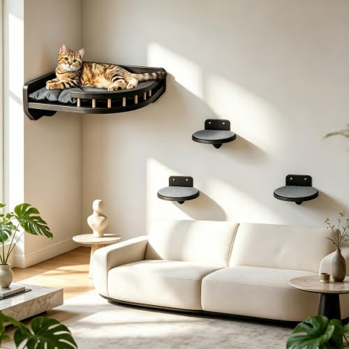 Kletterwand Katzen Set mit Katzenbett und 3 Katzentreppe, Katzenmöbel aus Holz, Katzen Wandelemente Multifunktional zum Schlafen, Spielen und Klettern