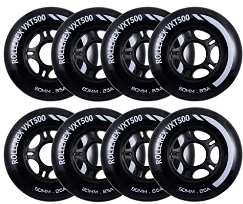 Rollerex VXT500 Inline Skate Wheels 8-Pack - 85A Durable Roller Blade Wheels for Indoor & Outdoor Skating - Fits Standard 608 Bearings (Steel Black, 80mm)