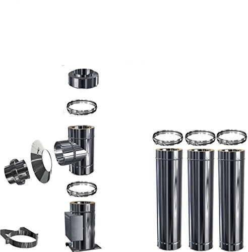 Edelstahlschornstein Schornstein DW 120 / Höhe 4,2 m Komplett - Set für Wandmontage bis 200 mm Wandabstand inkl. 0,5 m Wanddurchführung