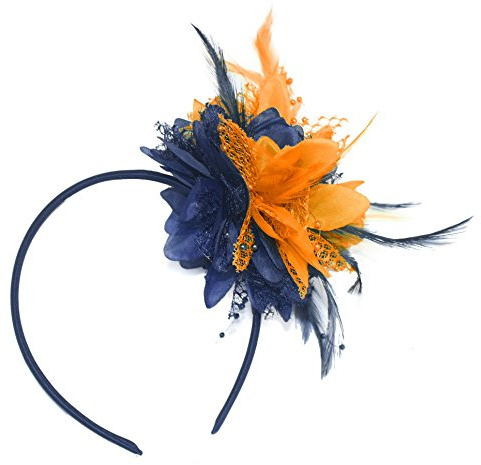 Caprilite marinblå och orange fascinator på pannband för Ascot bröllop