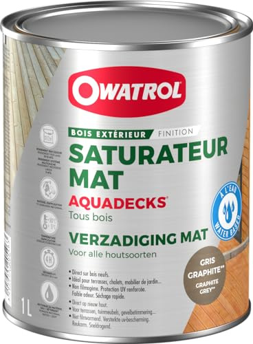 OWATROL - AQUADECKS - Teinte Gris Graphite - Saturateur Mat à l'Eau pour Protection Bois Exotiques Extérieurs Teck Ipé Bangkiraï Acacia Maçaranduba - 1 L