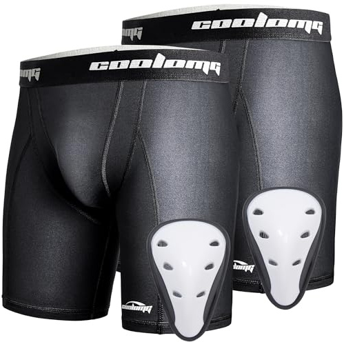 COOLOMG Sports Compression Shorts with Cup Youth Boys Sliding Shorts Baseball Football Protective Tights Black M
