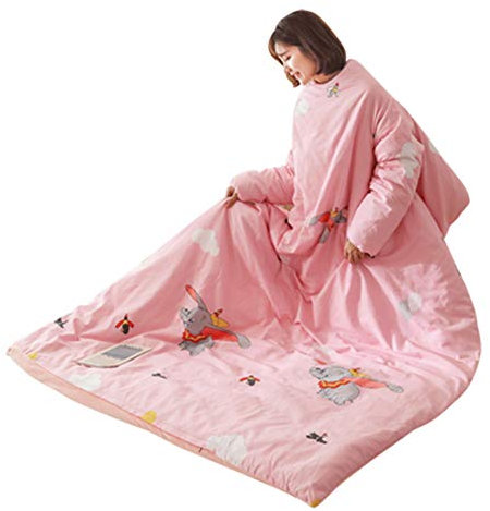 HOXMOMA Tragbare Decke mit Ärmeln für Erwachsene, tragbare Baumwolldecke, verdickter Warmer Schlafsack, winddichter Umhang für das Büro zu Hause, waschbar,Pink1