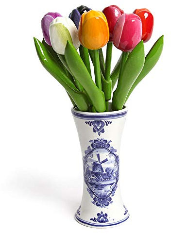Wooden Tulip Bouquet in a Dutch-Style Vase, 9 wooden Tulips, 21 cm high incl. Vase, Hand-Painted, Bouquet, Decoration, Made in Holland