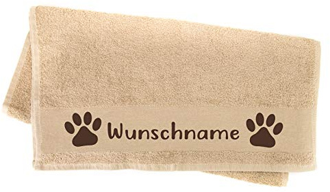 Hundehandtuch mit Name - Trockentuch für Hunde, 100 x 50 cm, Beige | 100% Baumwolle, saugstark und weich, mit Pfotenmotiv und Wunschname - waschbar bei 30 Grad ohne Weichspüler