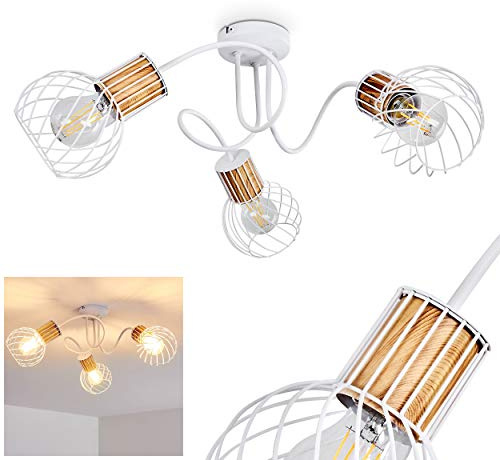 HOFSTEIN Deckenleuchte Koler, verstellbare Deckenlampe aus Metall in Weiß/Holzoptik, moderne Leuchte im Retro/Vintage-Design, Lichteffekt durch Gitter-Optik, 3 x E27, Wohnzimmer, Esszimmer, Küche