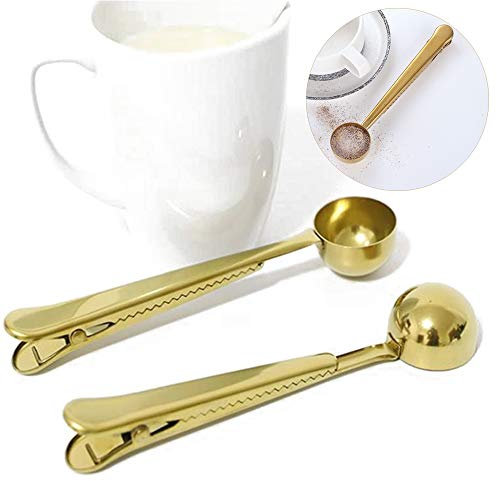 Angzhili 2 Pcs Coffee Scoop Clip, Stainless Steel Tea Spoon Coffee Scoop Bag Clip, Multifunction Seasoning Scoop Food Storage Bag Grip Clip, 2-in-1 Milk Powder Spoon, Measuring Spoon (Gold)