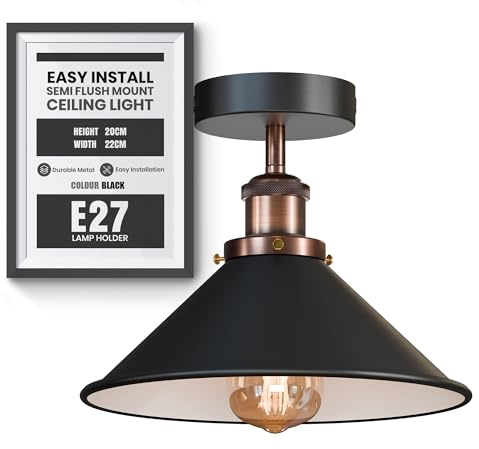 Black White 22cm Semi Flush Ceiling Light Metal Cone Shade with Bulb Indoor | E27 vintage industrial close to ceiling light fitting hardwired easy fit for kitchen bedroom hallway dining & living room