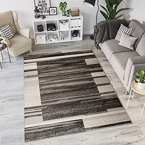 TAPISO Sari Teppich Kurzflor Grau Schwarz Creme Vierecke 190 x 270 cm | Geometrisch Modern Design Meliert Verwischt Pflegeleicht Wohnzimmer Schlafzimmer OEKO-TEX