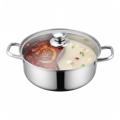 HEMOTON Hot Pot mit Trennwand Edelstahl Shabu Shabu Topf mit Glasdeckel Kochgeschirr Set Hot Pot Suppenboden Edelstahl für Induktion Herd Gasherd 28cm