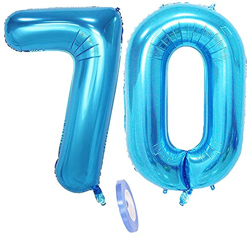 2 globos numeros 70 años, Number globo número 70 azul para Hombres Mujeres, 40 Figuras azules globo de lámina de helio inflable, gigante grande decoración fiesta de boda cumpleaños (xxxl 100cm)