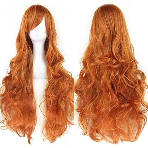 IMISSU 80 cm långt lockigt naturligt hår Cosplay Peruk med lugg Färgglad Halloween Kostym Huvudbonader Fest Peruker för kvinnor (Orange)