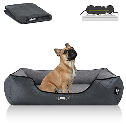BedDog Premium Orthopädisches Hundebett WUFFI, Hundesofa aus Kunstleder, Abnehmbarer Bezug, Kuschel-Decke Zugabe - Rock-Flow (grau/grau)