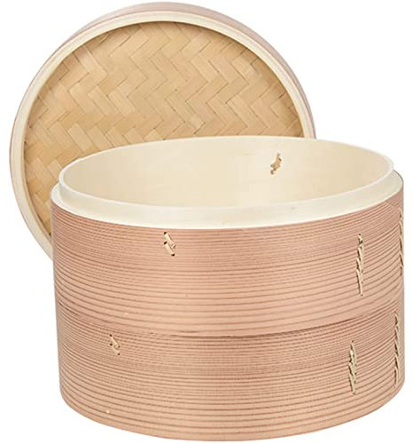 10.6 Inch Handmade Wood Steam, 2 Tier Baskets Food Steamers with Lid - Inner Depth 2.5 Inch - Perfect for Asian Kitchen Cooking
