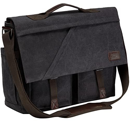 Kasgo Umhängetaschen Herren, Vintage Wasserabweisend Leinwand 17 Zoll Laptop Aktentasche Schultertasche Arbeitstasche mit Gepolstertem Schultergurt Stoßfestes Laptopfach Gepäckmanschett Dunkelgrau