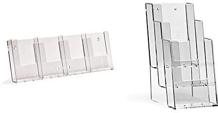 taymar DIN Lang (DL) (trifold) Wand-Prospekthalter, Flyerhalter, Wanddisplay mit vier Fächern (Innenmaß 10,2cm) & 1/3 A4 (trifold) Tisch-Prospektständer, Prospekthalter, 3 Fächer (Innenmaß: 10.1 cm)