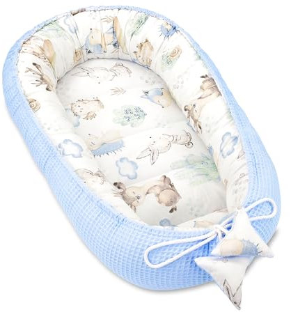 Babynest Neugeborene Nestchen Baby 50x90cm - Kokon Handmade zweiseitig aus Baumwolle Waffel mit Babynestchen Tiere Blau