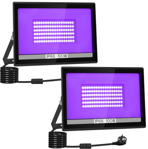 LED Schwarzlicht Strahler 100W, T-SUNUS UV Strahler mit Stecker Schwarzlichtlampe Fluter, IP66 Wasserdicht 400-405NM, Blacklight für Neonfarben Disco Bar Pary Halloween