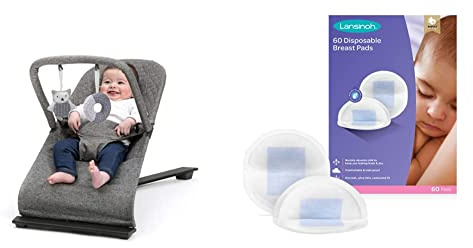 BABYLO Gravity Baby Bouncer - Grey & Lansinoh Disposable Breast Pads Pack of 60 for Nursing Breastfeeding Mothers, Essential for Hospital Bag, Thin Super Absorbent Layers, Discreet fit