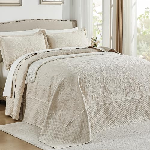 Qucover Oversized King Bedspreads 128x120, Soft Microfiber Ultrasonic Quilting Paisley Pattern California King Quilt Sets Oversized, 3 Piece Oversized Coverlet Bedding, Beige