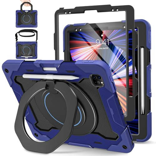 ROISKIN für iPad Pro 12.9 Hülle 2022/2021/2020/2018 6./5./4./3. Generation | mit Bildschirmschutz,Drehbarer Ständer,Stifthalter,Schultergurt, Stoßfeste Schutzhülle für iPad Pro 12.9 Zoll, Blau