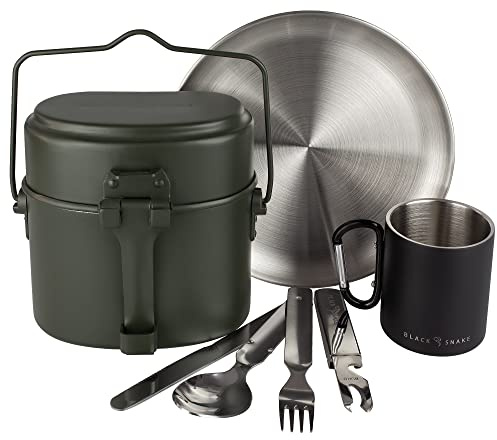 Black Snake® Kochgeschirr mit flachem Edelstahl Camping Teller und Besteck Plus Karabiner Haken Tasse - 1 Person - Set