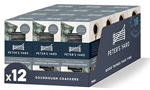 Peter's Yard Sourdough Crackers, Rye & Charcoal, Great with Chutney and Cheese, High Fibre, Natural Ingredients, Low Sugar 90g x 12
