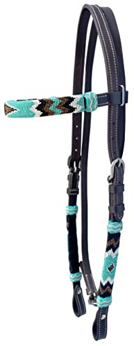 Weaving Craft Stunning Brown Leather Snaffle Cavesson Horse Riding Bridle Leather With Functional Buckles Western Headstall Rawhide Knotting Stitched with Multi Color Beads Standard Size