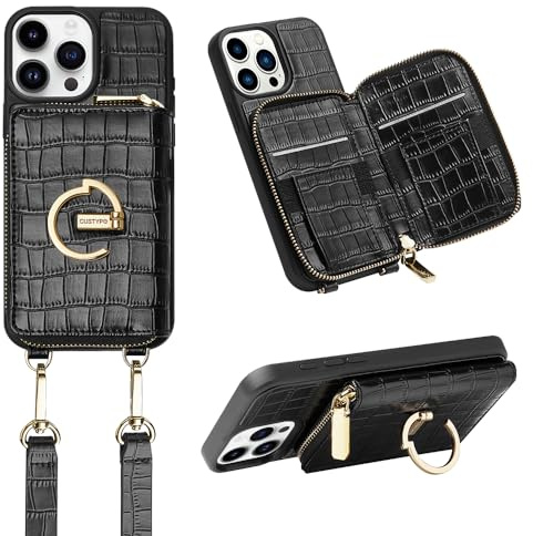 CUSTYPE Handyhülle für iPhone 15 Pro mit Band, Mikrofaserleder Hülle mit Geldbörse, Ständer und Handykette, Kartenfach, Schwarz, 6,1 Zoll