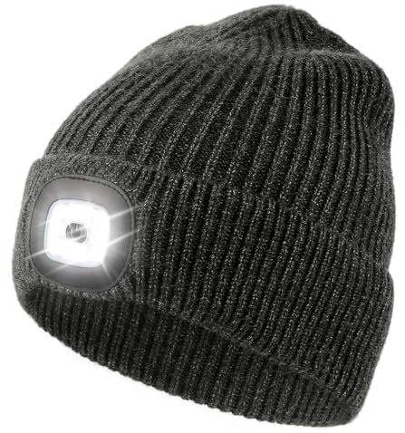 Wmcaps Mütze mit Led Licht, Strickmütze mit Licht Männer Geschenke Wiederaufladbare USB Laufmütze mit Licht Extrem Heller 4 LED Lampe Geschenke Männer Frauen,Grünliches Schwarz