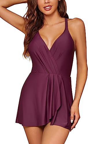 SHEKINI Traje de baño de una pieza para mujer, cuello en V, espalda cruzada, ajustable, fruncido, falda, con pantalones cortos, fucsia, 52