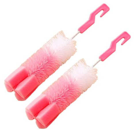 Goupillon de Nettoyage pour Biberons, Lot de 2, Tête Éponge | Manche en Plastique Pp, Nylon Souple, Col Flexible, Crochet Suspendre, pour Gobelet à Bec et Couvercle Couleur Aléatoire