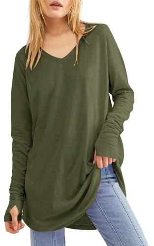 Ebifin Haut à manches longues pour femme - Col rond - Tunique ample avec trous pour les pouces, Vert kaki., XL