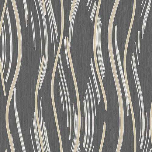 Shimmer Wave Black Gold Wallpaper - Textured Modern Contemporary Glitter Effect - Trendy Stylish Feature Wall