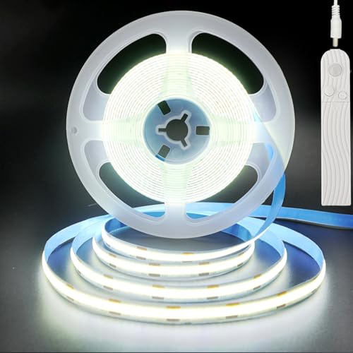 Clearhill 5V Sensor de movimiento COB led tira luces 2Pack, tiempo-retraso ajustable, dos formas de fuente de alimentación (sin batería) 9.84FT / 3M, fresco blanco 6500K, 320LEDs / M