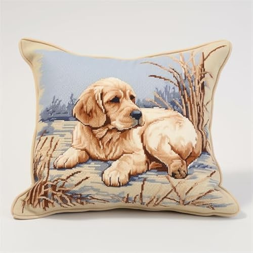 Lfynior Kreuzstichkissen Set Hund Stickkissen mit Muster 45X45cm Stickpackung Stickset Kreuzstich Kissen zum Basteln Stickkissen Stickpackung mit Vorgedruckt Kreuzstichmotiv