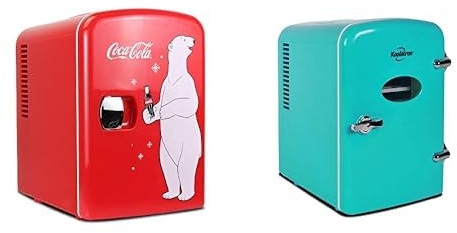 Koolatron Mini Fridge 4L Small Fridge 6 Can Quite Mini Fridges Mini Cooler Warmer for Office Home & Travel PB Red + Retro Mini Fridge 4L Table Top Mini Fridges for Skincare 12V Portable Cooler Green