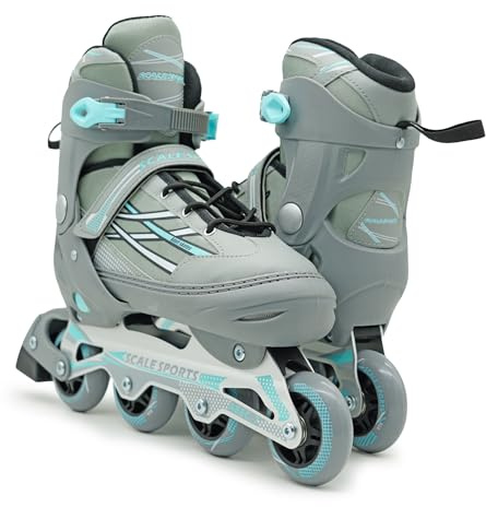 Scale Sports Pattini in Linea Regolabili XL (EU 41–44/26,5–28,5 cm) – Colore Grigio Menta – Telaio in Alluminio, ABEC-7, Ruote in PU – Adulti e Ragazzi