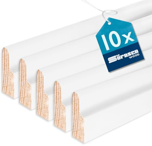 Sörnsen Wood Sockelleiste Kiefer – 8x28x2400 mm, 10 Stück hochwertige Fußleisten mit Karnies-Profil – weiß RAL 9016 lackiert und damit extra langlebig
