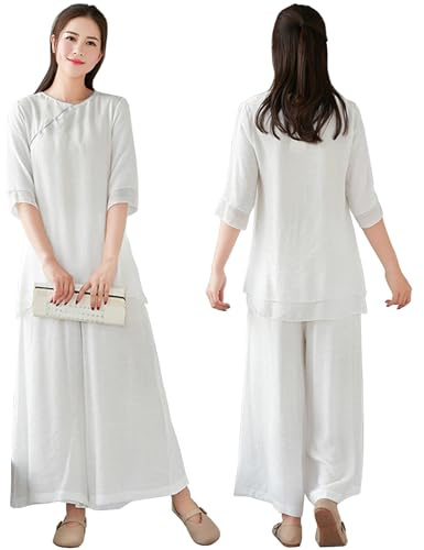 DAYKET Traje de Tai Chi para Mujer, Ropa Tradicional China de Kung Fu, Uniforme de Meditación Zen de Algodón y Lino con Mangas Medias,White-XL