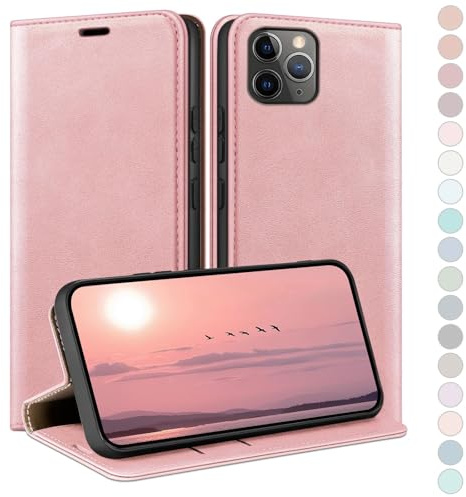 HUOUH für iPhone 11 Pro 5.8 Hülle mit RFID Schutzhülle aus Lederhülle Handyhülle,Kartenfach Leder ständer Handy hülle,360 Grad Schutz Cover für Apple 11 Pro Klapphülle Wallet Case Roségold