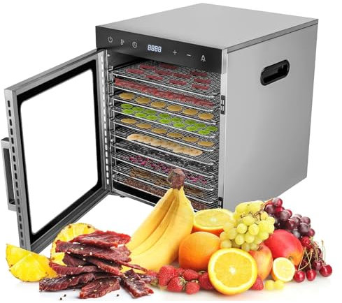 Kindevieft Essiccatore per Alimenti A 10 Vassoi, Essiccatori per Alimenti E Carne Secca, Essiccatore Soffiante per Carne Secca in Acciaio Inossidabile, Essiccatore per Caramelle, Luce LED Integrata