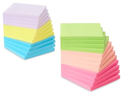 Amazon Basics Standard-Haftnotizen, 24 Blöcke, Selbstklebende Notizblöcke, Verschiedene Pastellfarben, 7,6cm x 7,6cm