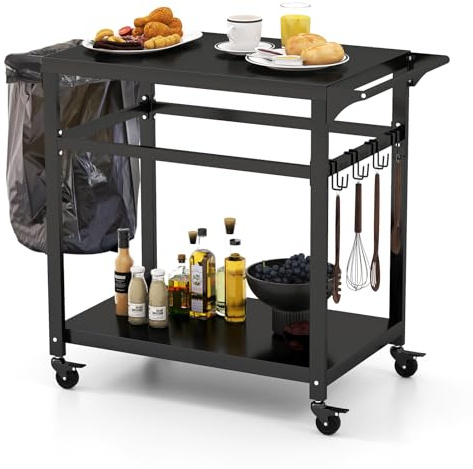 GYMAX Grillwagen, Grilltisch Rollwagen mit Rollen & offenen Ablagen, Pizzatisch mit Haken & Behälterträger, Garten Trolley, Servierwagen für Küche & Terrasse (2 Ablagen)