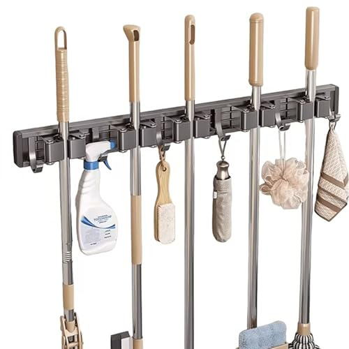 FALANZATH Besenhalterung Wand,5 Halter + 6 Haken Grau Selbstklebend Ohne Bohren Gerätehalter,Anti-Rutsch-Besenhalterung Einstellbarem und Vielen Aufbewahrungsmöglichkeiten,für Garage, Küche,Badezimmer